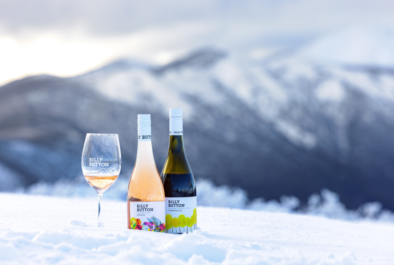 Billy Button Rosato and Tempranillo in the snow at Mt Hotham